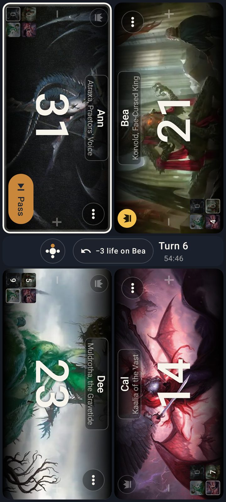 The Pod Companion app mid-game: four seats, each turned to face its player, with commander art behind every life total and the turn band across the middle