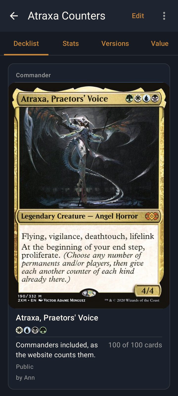 A deck in the app: Atraxa, Praetors' Voice as the commander, its card shown in full, and 100 of 100 cards counted
