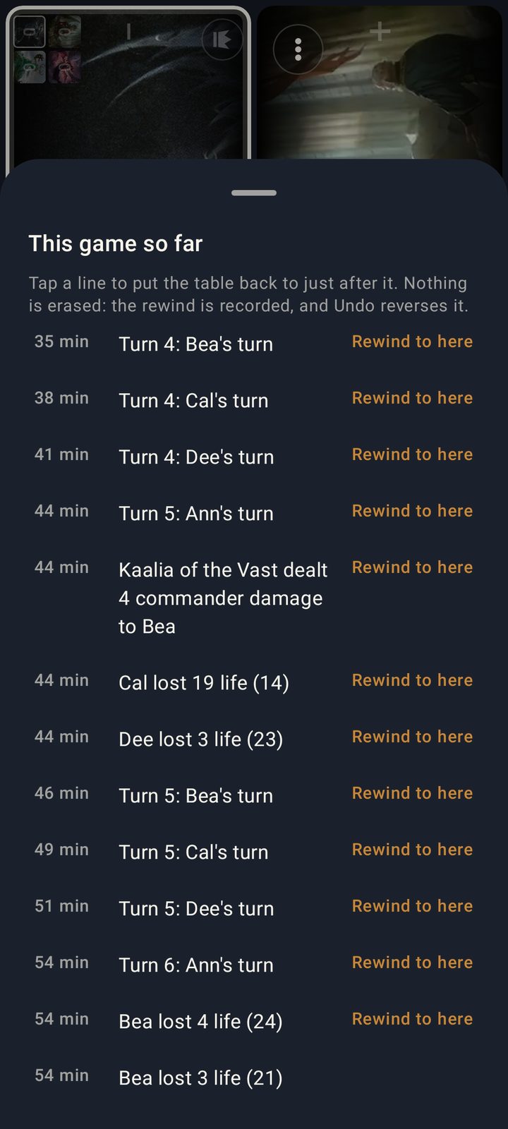 The game history sheet: every change in order, with the minute it happened and Rewind to here beside each line