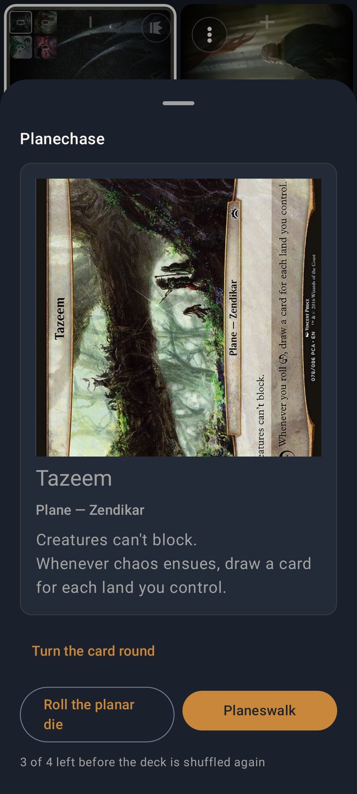 The Planechase sheet: Tazeem in play, with buttons to roll the planar die and planeswalk