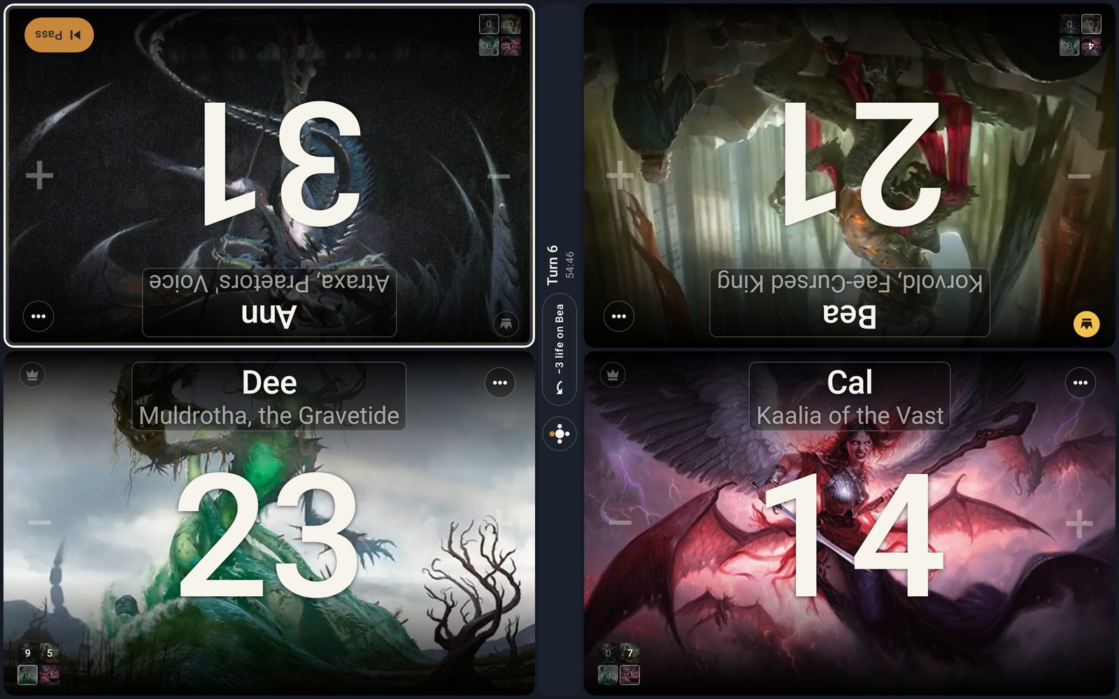 The board on a tablet in landscape: Ann and Bea's seats upside down to face across the table, Dee and Cal's upright, with full-bleed commander art