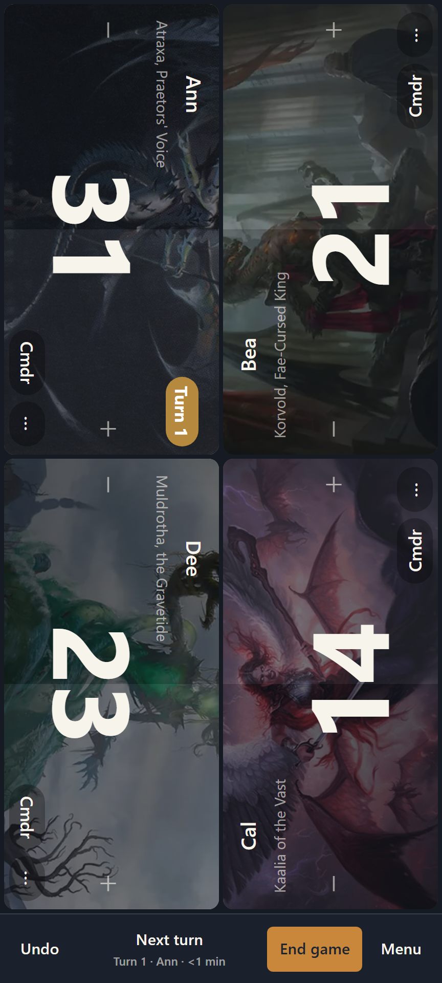 The web life counter mid-game on a phone: Ann on 31 with Atraxa, Bea on 21 with Korvold, Dee on 23 with Muldrotha and Cal on 14 with Kaalia, each seat turned to face its player with its commander's art behind it